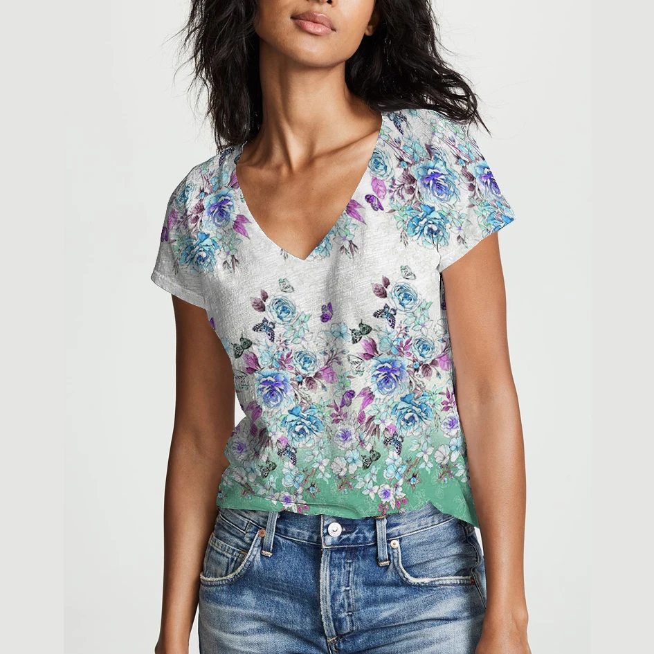 

Summer New Flower Theme 3D Print Women's T-Shirt Fashion Casual Shirt Regular V-Neck Daily Street Women's Wear