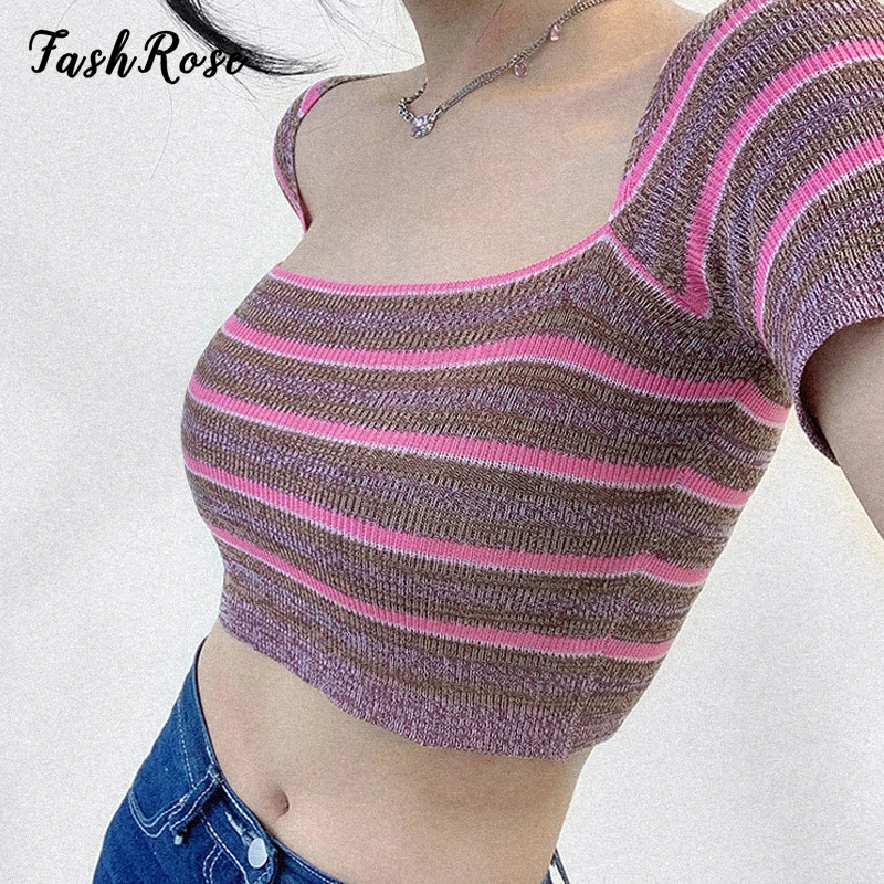 

FASHROSE 2000s Y2K Aesthetic Pink Knit T Shirts for Women Short Sleeve Sweet Simple Slim Cropped Tops Summer Korean Clothing Hot