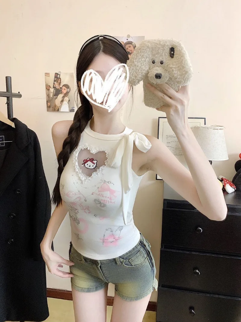 Фото Милый топ-камизоль с мультяшным принтом кошки, высококачественный, с графическим рисунком в стиле кавай, на тонких бретельках, повседневный летний уличный стиль для женщин, подарок №2