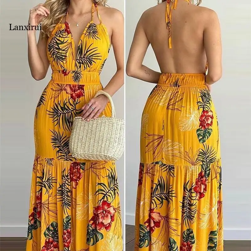 

Women Summer Spring Tropical Print Halter Backless Maxi Dress Vacation Sleeveless Sexy Boho Beach Dress Casual Floral