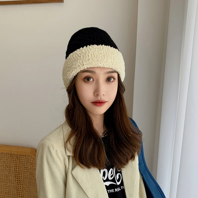 

Fashion Women's Winter Hat Lamb Woolt Beanies Female Knitted Soft Striped Cashmere Knitted Beanie Panama Hat