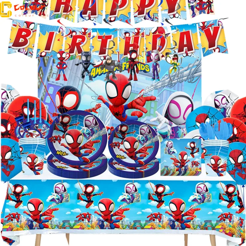 

Spidey And His Amazing Friends Party Decoration Supplies Paper Plate Tablecloth Spiderman Theme Baby Shower Balloons Kids Favors