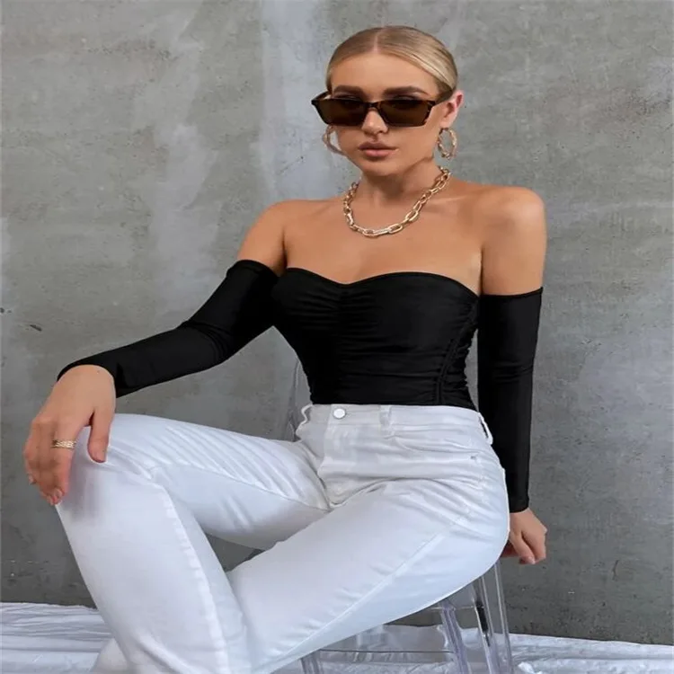 

Women One-piece Neckline Off-the-shoulder Pullover Tie Backless Long-sleeved Solid Color Spring Summer Base Nightclub One-piece