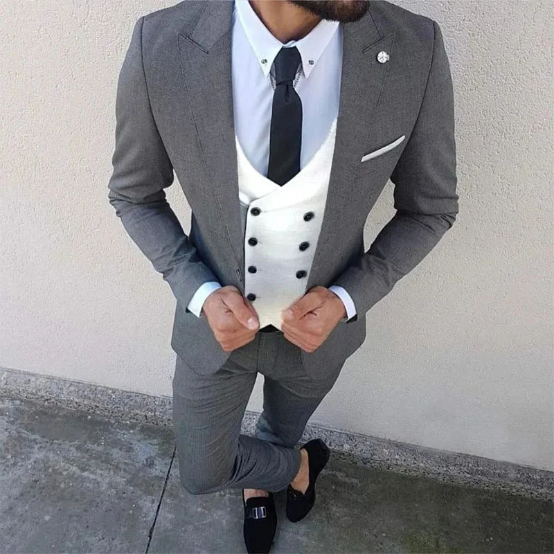 

3 Piece Grey Men Slim Fit Formal Suits With Double Breasted Waistcoat Custom Groom Wedding Tuxedo Italian Fashion Style Clothes