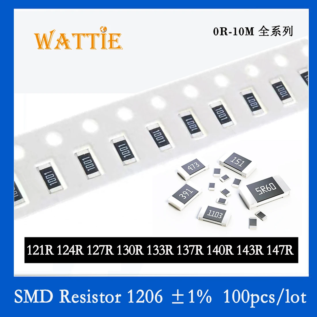 SMD резистор 1206 1% 121R 124R 127R 130R 133R 137R 140R 143R 147R 100 шт./лот чиповые резисторы 1/4 Вт 3,2 мм * 1,6 мм SMD резистор 1206 1% 121R 124R 127R 130R 133R 137R 140R 143R 147R 100 шт./лот чиповые резисторы 1/4 Вт 3,2 мм * 1,6 мм