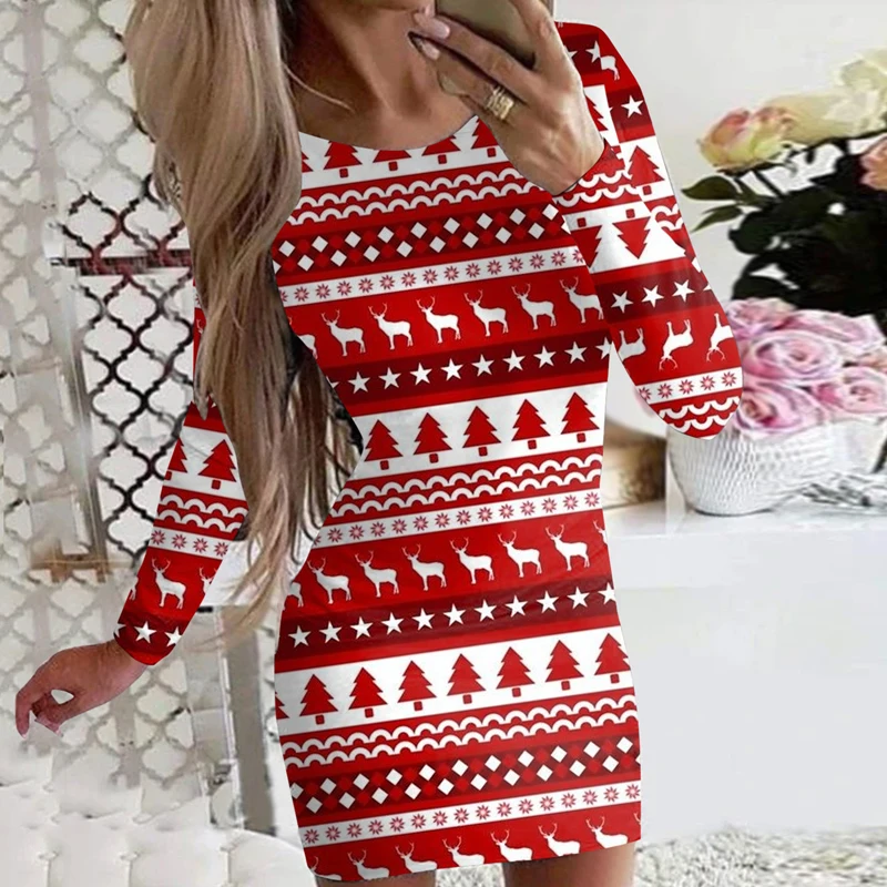 

Lady Fashion Printed Hip Party Dress 2022 Festive Christmas Costume Women's Sexy O Neck Long Sleeve Slim Short Dress Vestidos