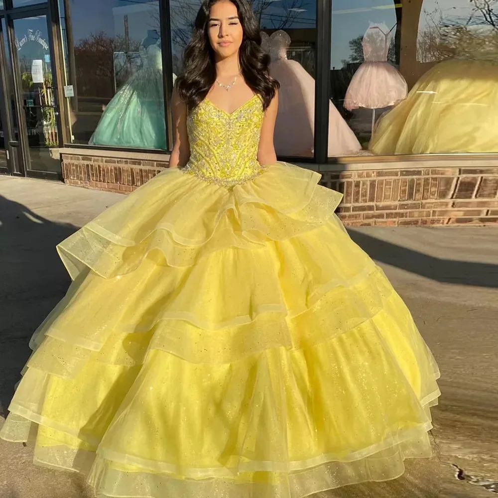 

Yellow Quinceanera Dress Ball Gown 2022 For Sweet Moxico 16 Girl Beading Sleeveless Birthday Prom Dresses Vestidos De 15 Años
