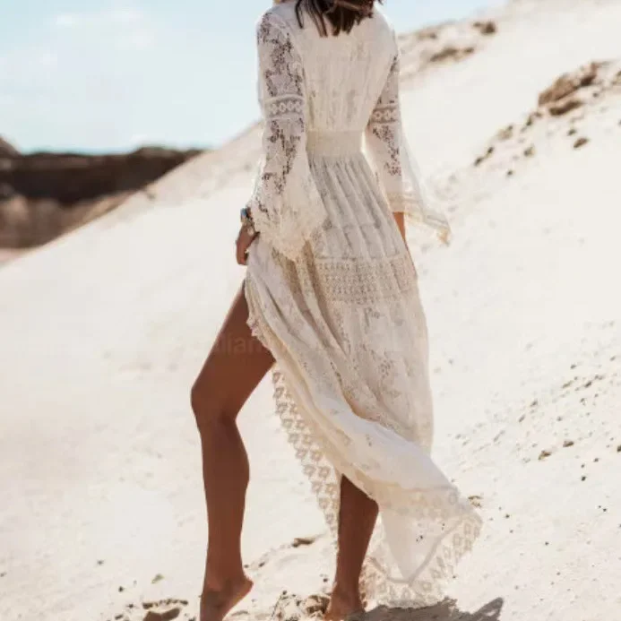 Женское ажурное платье с бахромой белое однотонное повседневное пляжное