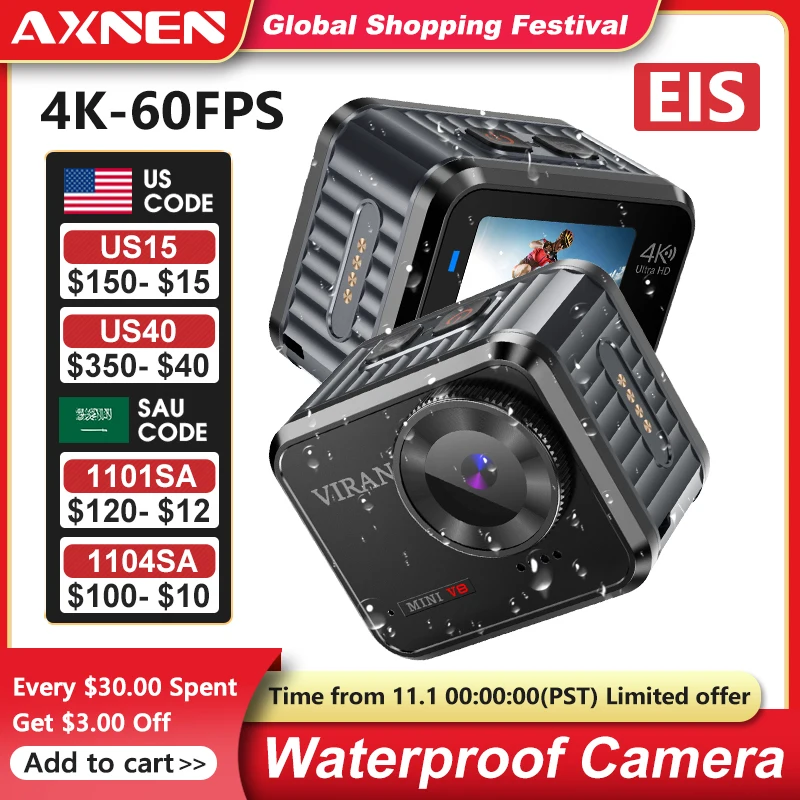 

Экшн-камера AXNEN Mini V8, 4K, 60 к/с, Wi-Fi, 10 м