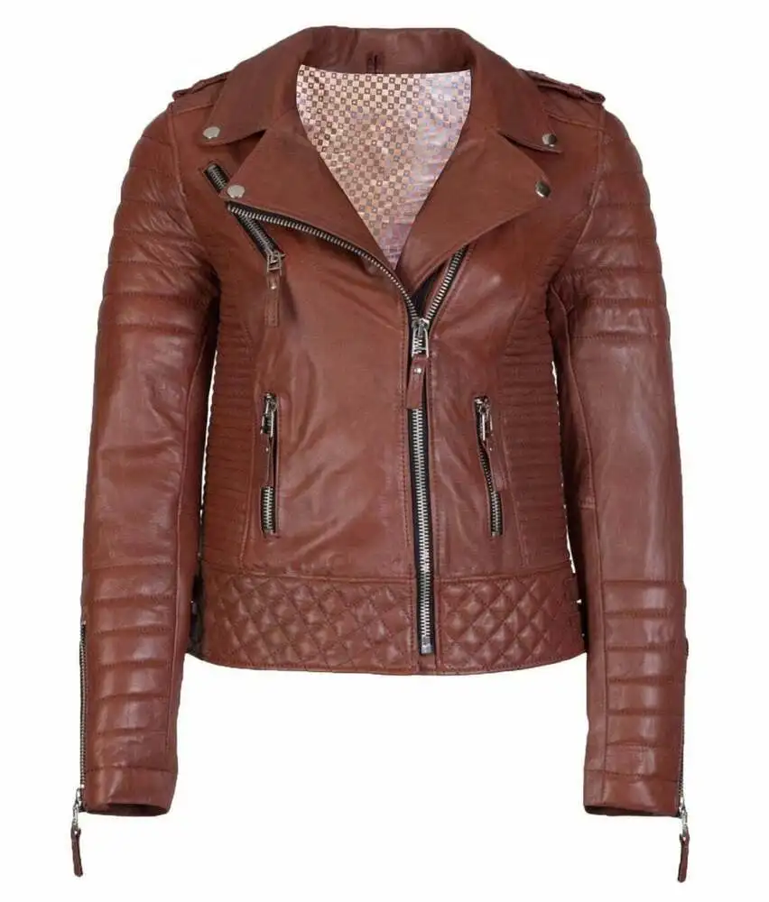 Women Leather Jacket Stylish Quilted Motorcycle Biker Jacket for Women Real Leather Coat