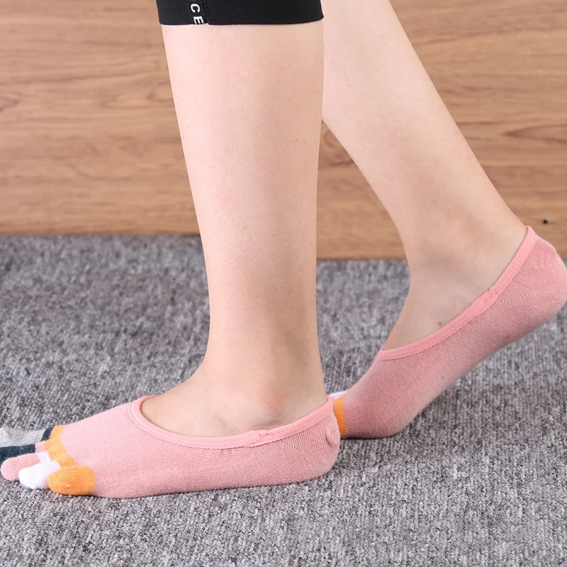 

Women'S Toes Socks Summer Shallow Mouth Invisible Socks Color-Toe Cotton Non-Slip Boat Socks Sweat-Absorbing Low-Top Solid Socks