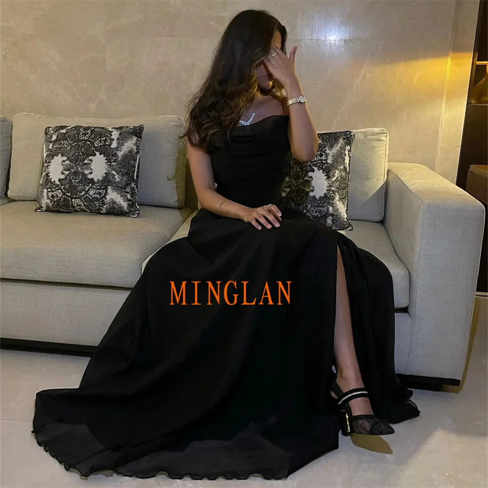 

MINGLAN Black Sweetheart Sleeveless Pleat Elegant A Line Long Evening Dress High Side Slit Floor Length Sweep Train Prom Gown