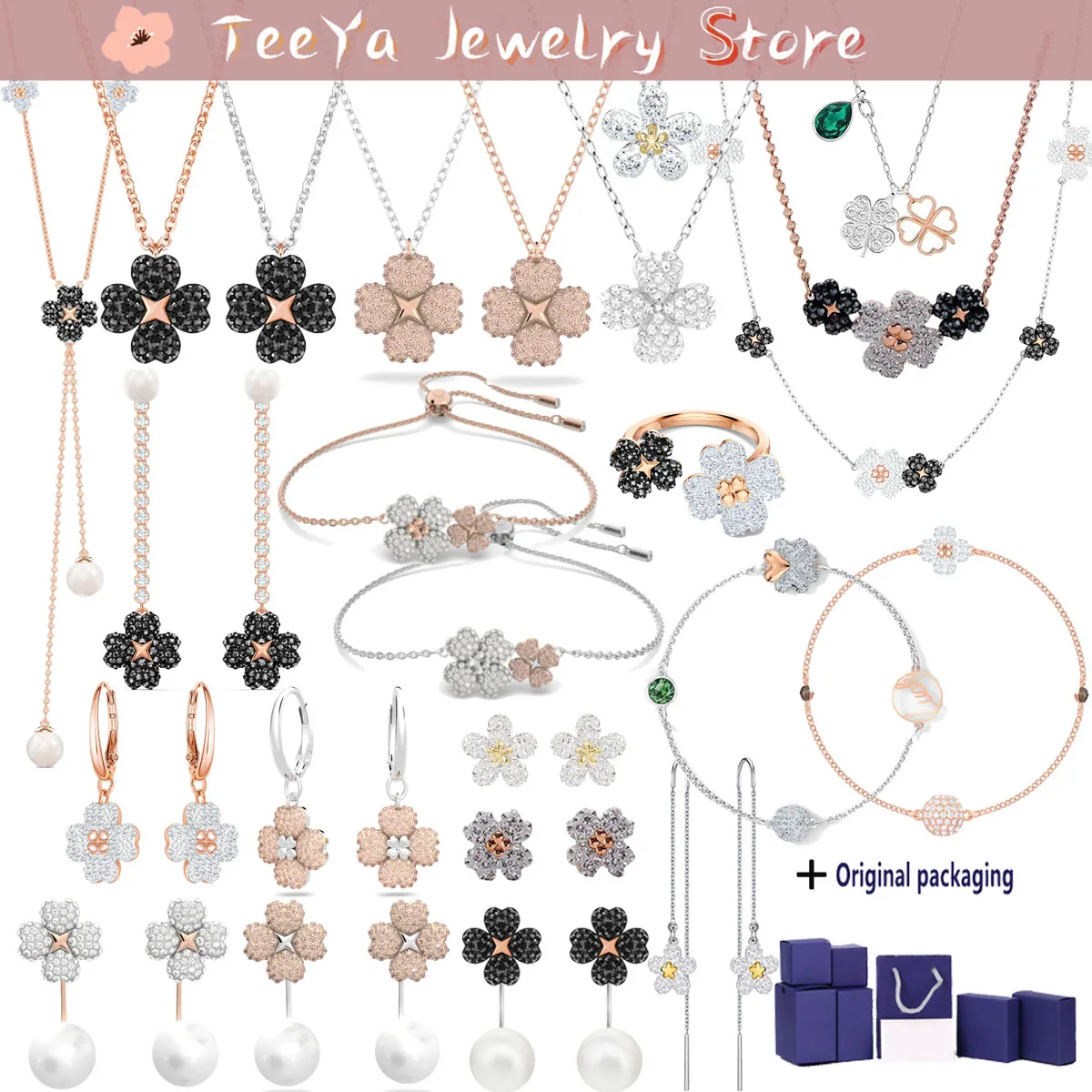 

Original Swa Latisha With Box Christmas Gift Fine Ladies Jewelry Sets Clover Flower Pearl Earrings Necklaces Bracelets for Women