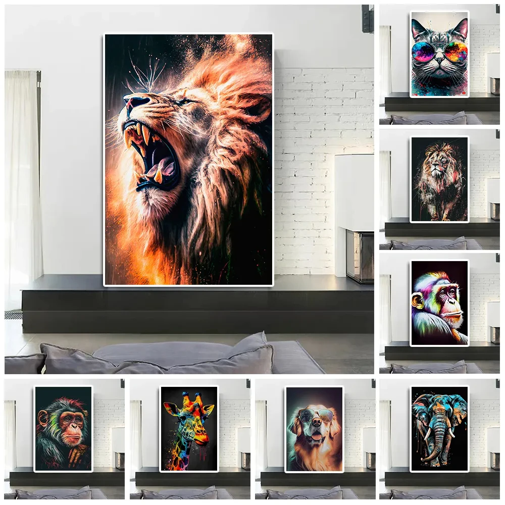 

Modern Wild Lion Graffiti Canvas Painting Elephant Chimpanzee Monkey Watercolor Poster Cute Animal Wall Art Room Home Decor Gift