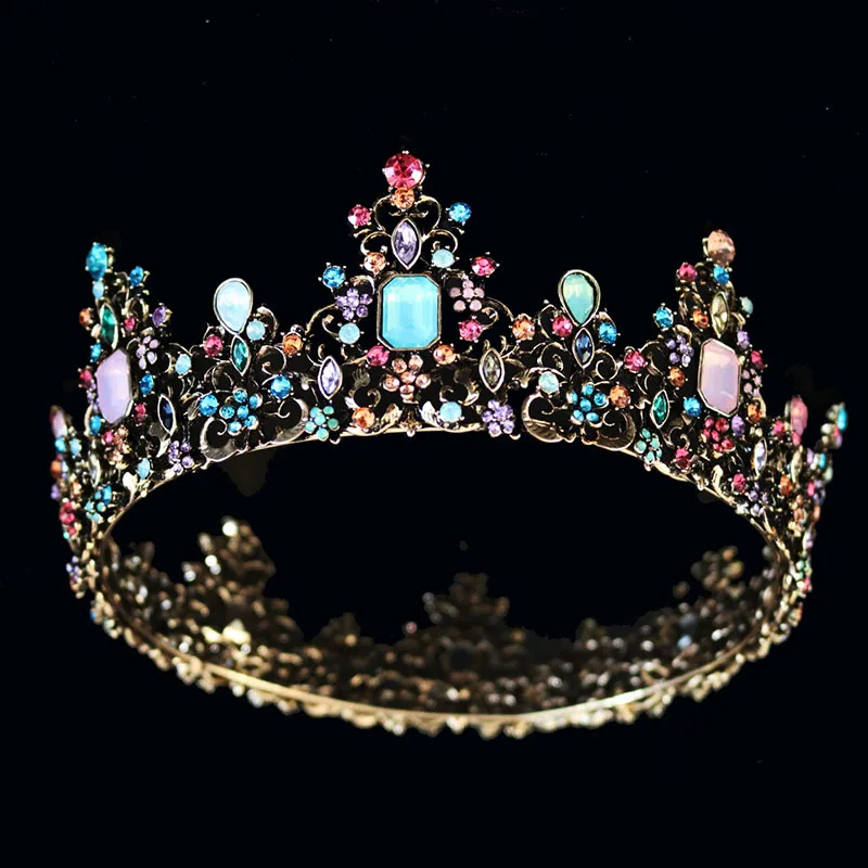 

Colorful Crystal Gold Queen Crowns Women Christmas Round Royal Metal Wedding Tiaras Gothic Costume Bridal Hair Accessories
