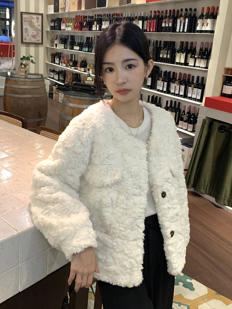 Long Sleeve Lamb Wool Coat New Faux Fur Plush Women's Winter Solid Color Fashion Short Jacket Loose All-matching Clothing