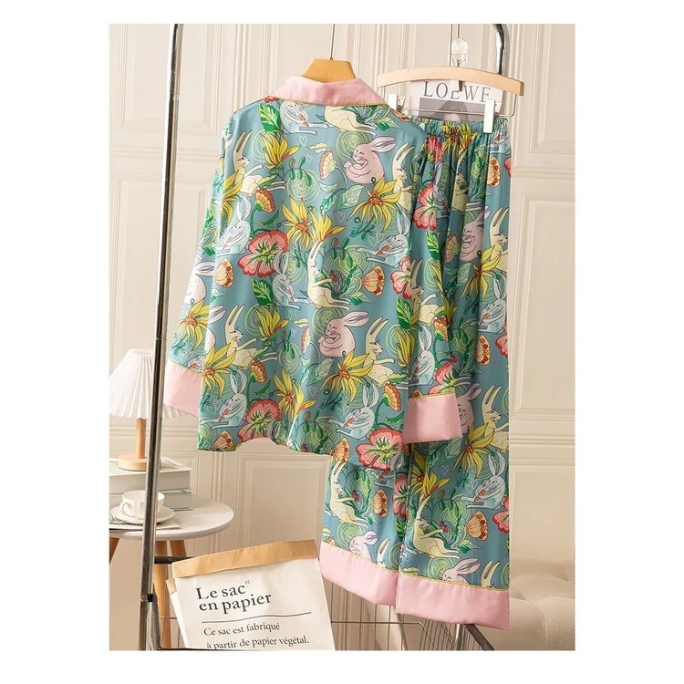 Lisacmvpnel Printed Fashion Pajamas For Girls Ice Silk Sexy Long Sleeve Suit Lapel Pajama Set Can Be Worn Outsiede Sleepwear