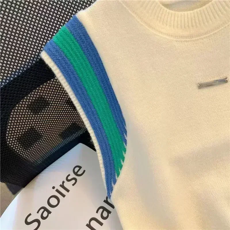 2024 женская летняя новая вязаная цветная контрастная лоскутная трикотажная