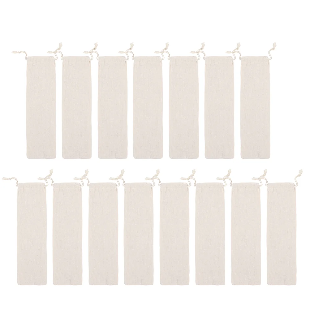 

15Pcs Cotton Line Straw Storage Pouch Drawstring Pouch Table Ware Pouch (Beige)