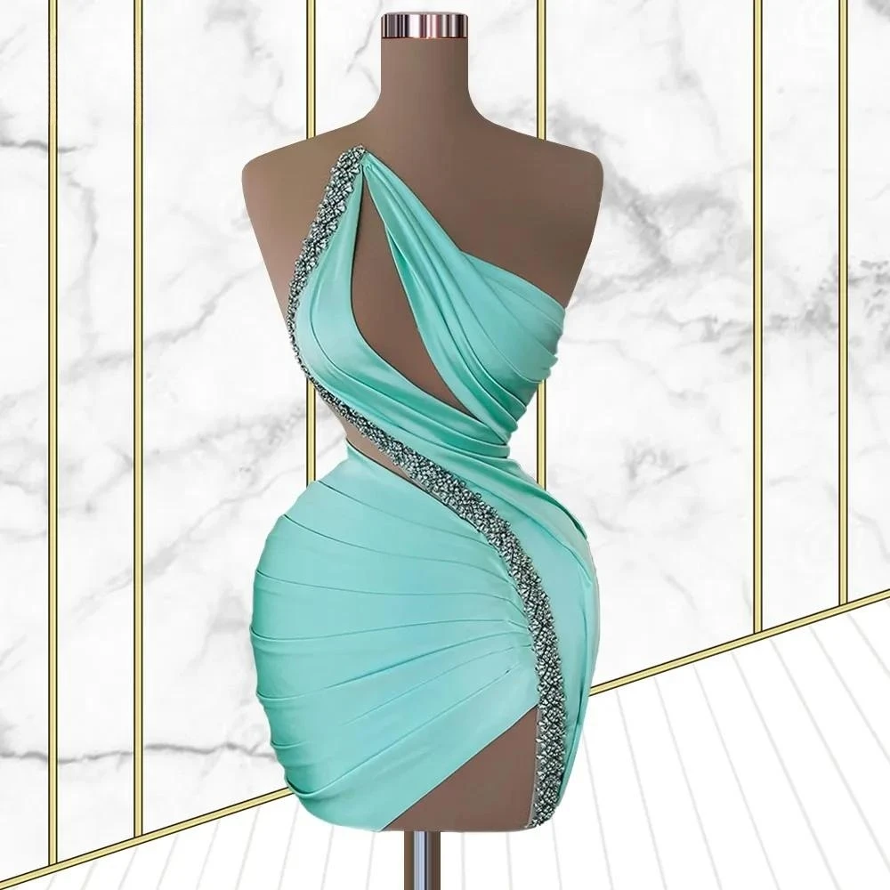 

Turquoise Cocktail Dresses Sheath One-shoulder Short Mini Beaded Homecoming Dresses Haute Couture