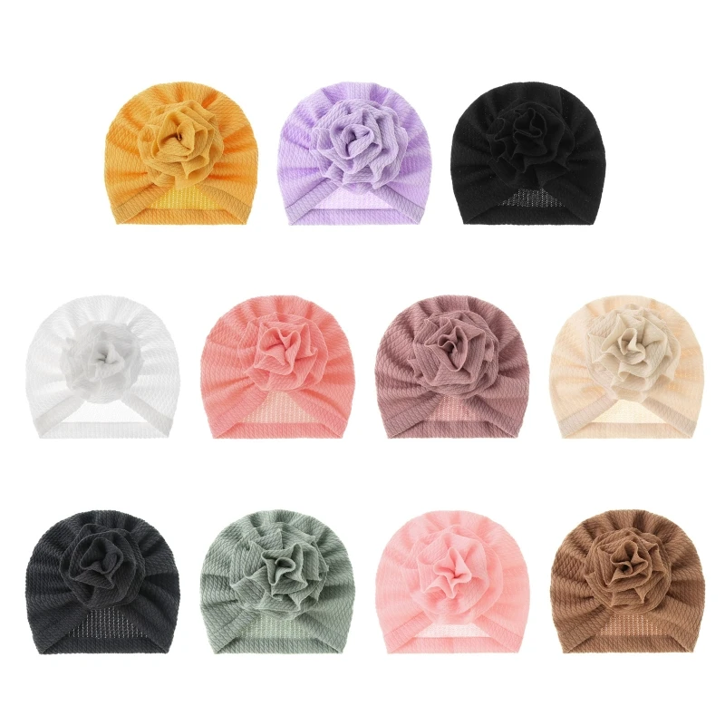 

Infant Baby Turban Hat with Big Flower Ribbed Striped Ruched Bonnet Beanie Cap Wholesale