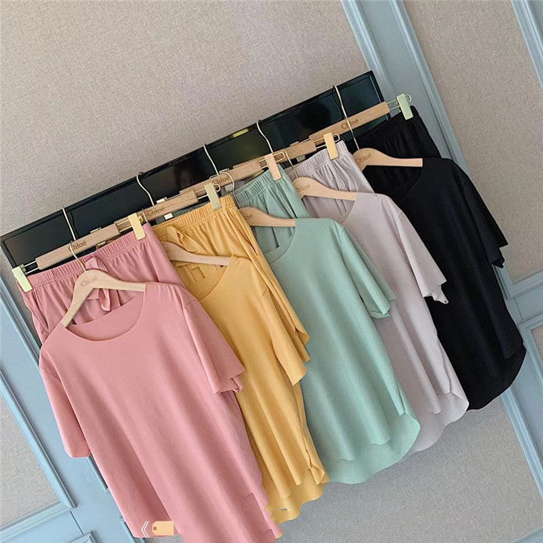 2pcs Summer Ice Silk Home Clothes Women's Pajamas Sets Casual Solid Color Short Sleeve Shorts Pijama Women's Suit Sleepwear