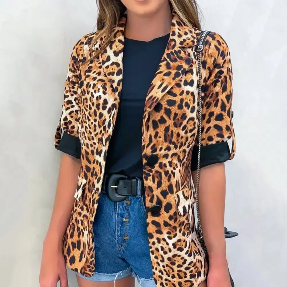 

Women Elegant Leopard Print Lapel Slim Three-quarter Sleeve Cardigan Coat Jacket