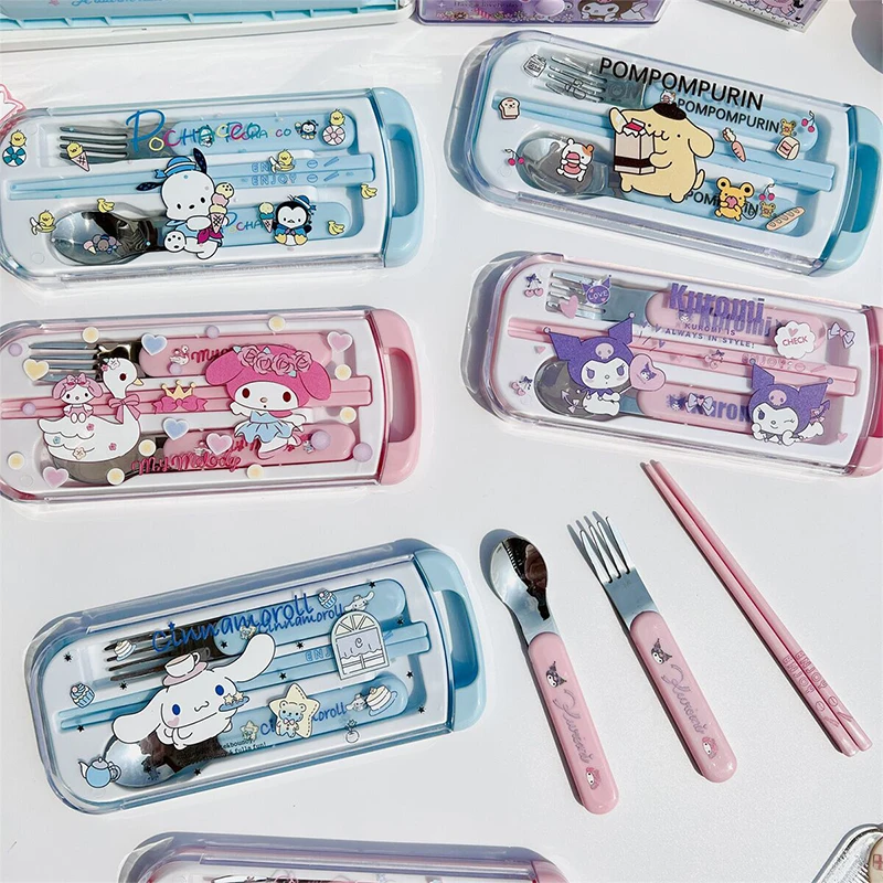 

3Pcs Kawaii Sanrio Kuromi Cinnamoroll My Melody Cutlery Set Chopsticks Spoon Cross 304 Stainless Steel Student Birthday Gift