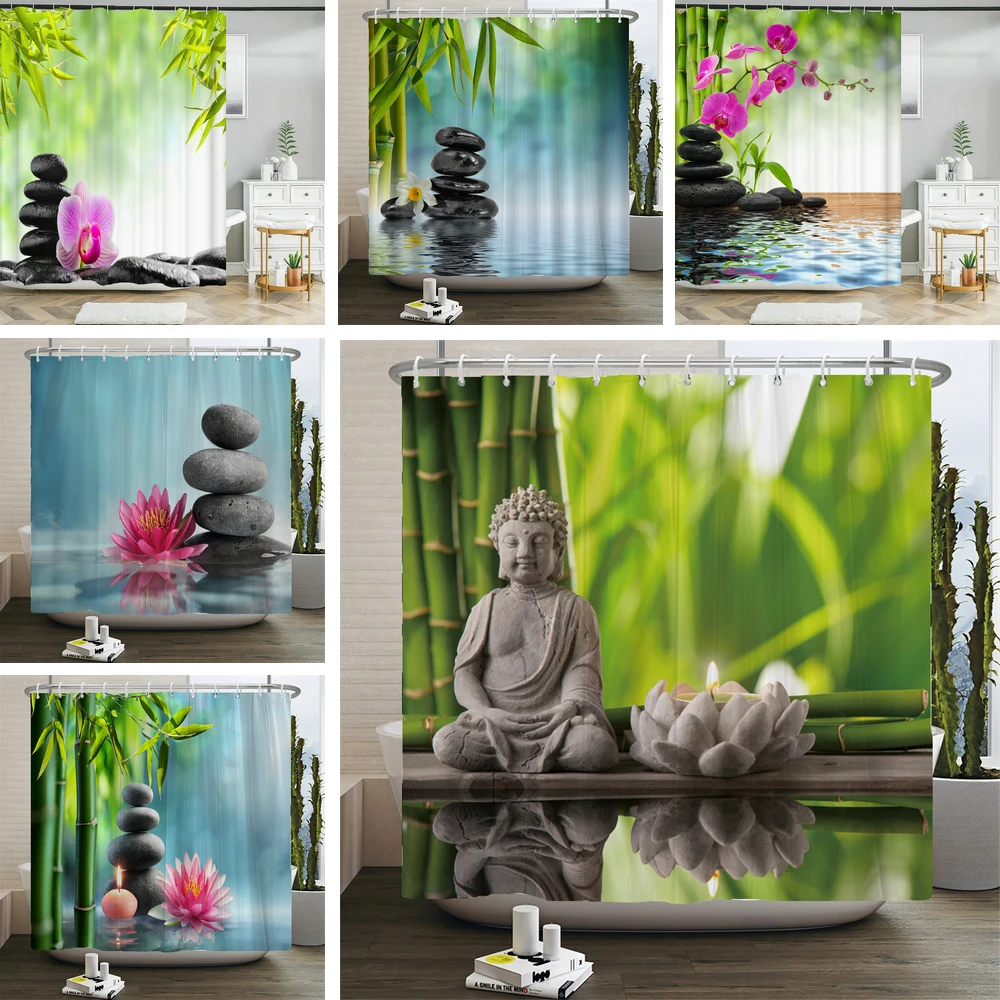 

Zen Spa Lotus Japanese Meditation Shower Curtain Waterproof Bathroom Curtain Green Plant Bamboo Stones Water Home Decor Curtains