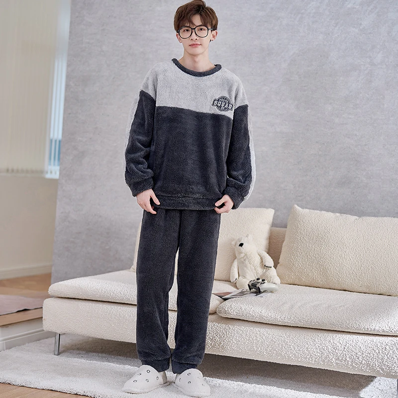 QUHENG Flannel Pijama Men Thick Pajama Male Warm Thick Long Sleeve Sleepwear Casual Autumn Winter Pyjamas Men Coral Fleece Suit