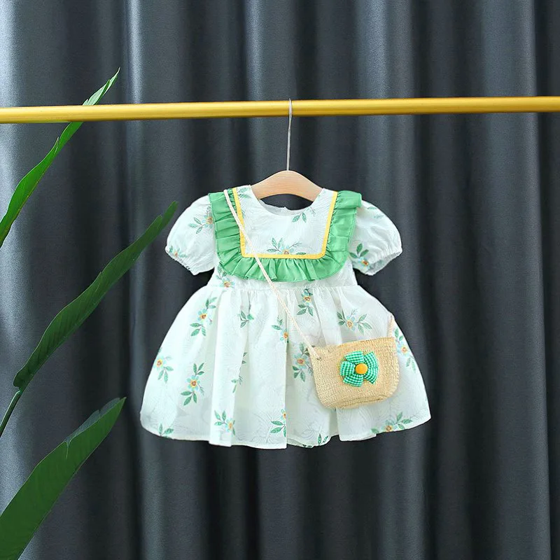 

Корейская версия, летнее платье для новорожденных девочек, Цветочное платье + сумка, платье для маленьких принцесс на день рождения