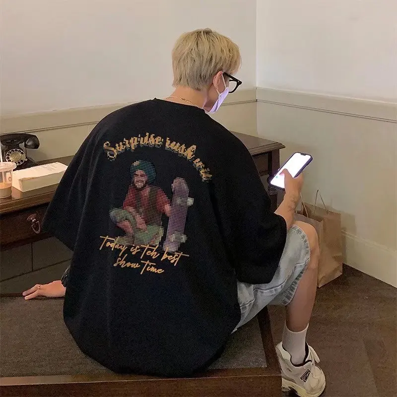 

Men's Summer Pixel Print Large Size High Street Casual Half-sleeve T-shirt American Retro Loose T-shirts