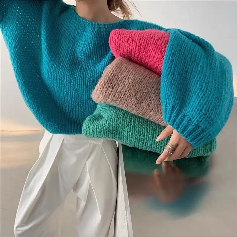 

Pullover Women Short Sweater Fashion Long Lantern Sleeve Autumn Female Jumper Knit Casual Korean Lady Solid Color Crop Tops T289