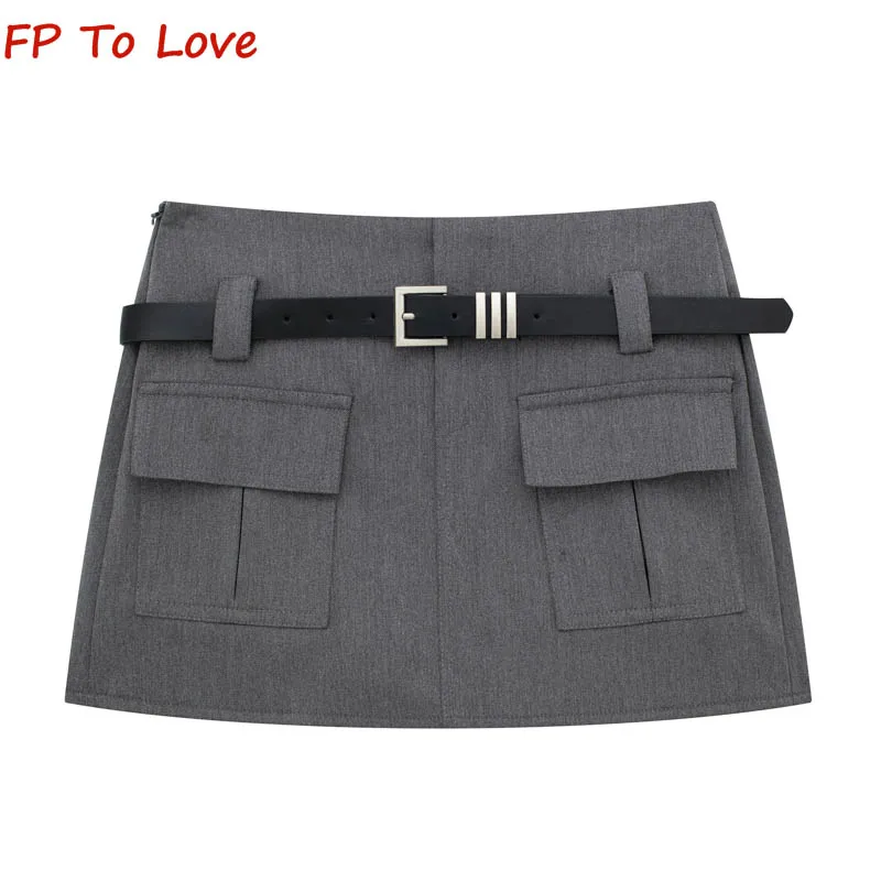 Summer 2023 Grey Spice Style Sexy High Waist Vintage Hip Belt Mini Work Skirt Blogger Big Pockets Streetwear