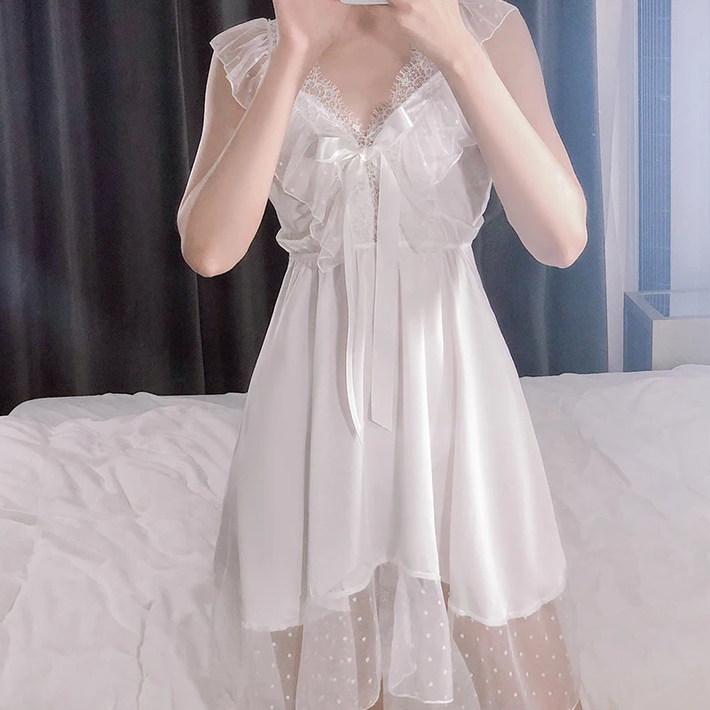 Nightgowns Lingerie Polka Dot Mesh Pajamas Sweet Bow Strap Nightdress Women's Homewear Underwear Pajamas Sexy Nighty Dress Girl