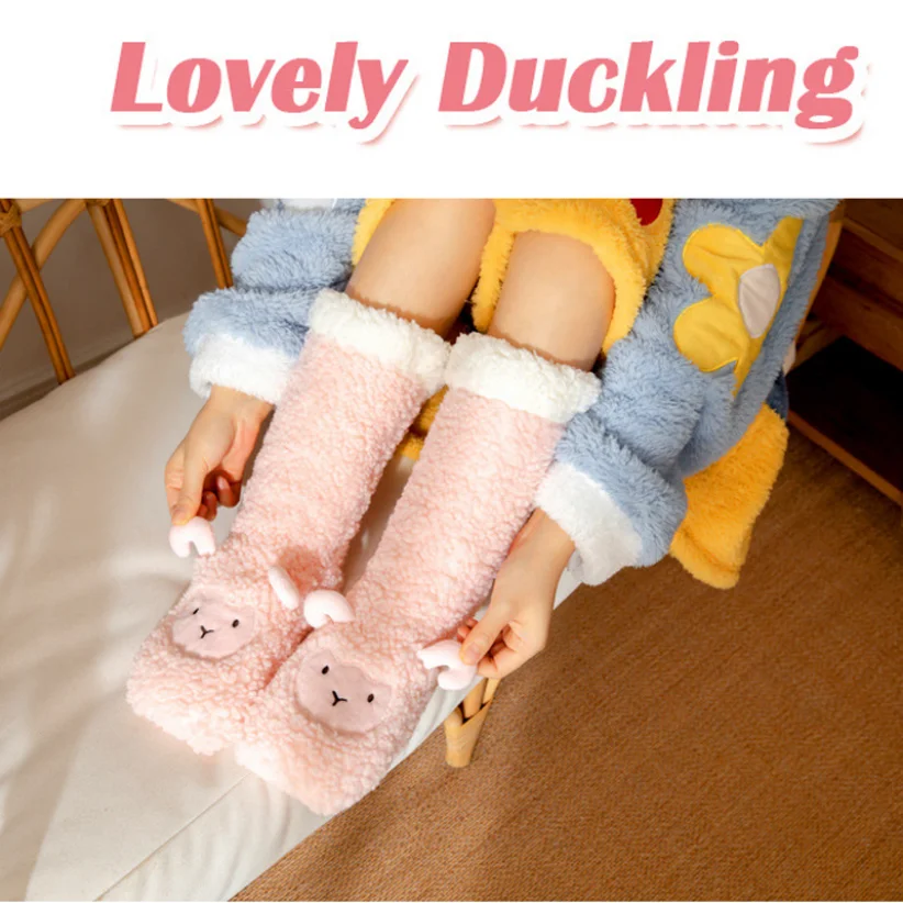 Kawaii fluffy Sock Thermal Womens Plush Grip Winter Warm Soft Female Home Indoor Silicone Non slip Thick Slipper Floor Sock