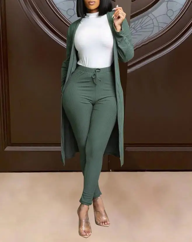 

Two Piece Sets Womens Outifits 2022 Autumn Fashion Ribbed Long Sleeve Open Front Coat & Casual Plain Daily Long Pants Set