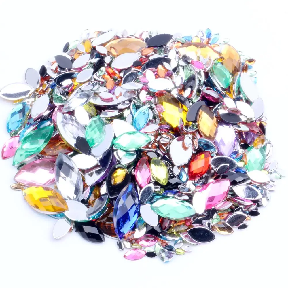 

Acrylic Flat Back Rhinestone Random Mix 7 Size 600pcs Marquise Earth Facets Glue On Beads Dress DIY Jewelry Nails Art Charms