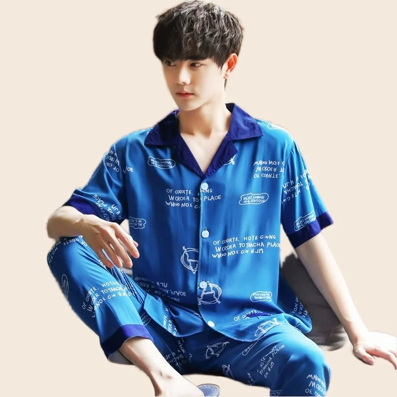 Men's Pajamas Set Sexy Plaid Sleepwear For Man Short Sleeve Shirt Stripe Pyjama Men's Autumn Fashion Cotton Homewear Pjs