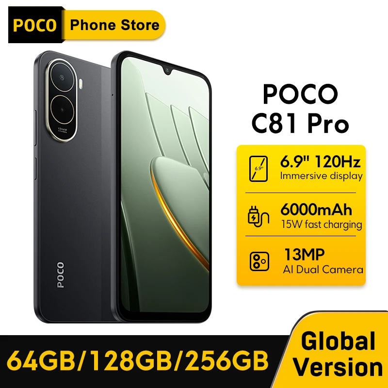 Фото Смартфон POCO C81 Pro, глобальная версия, 6.9-дюймовый дисплей с частотой обновления 120 Гц, аккумулятор 6000 мАч, 15 Вт, камера 13 МП, процессор UNISOC T7250 №2