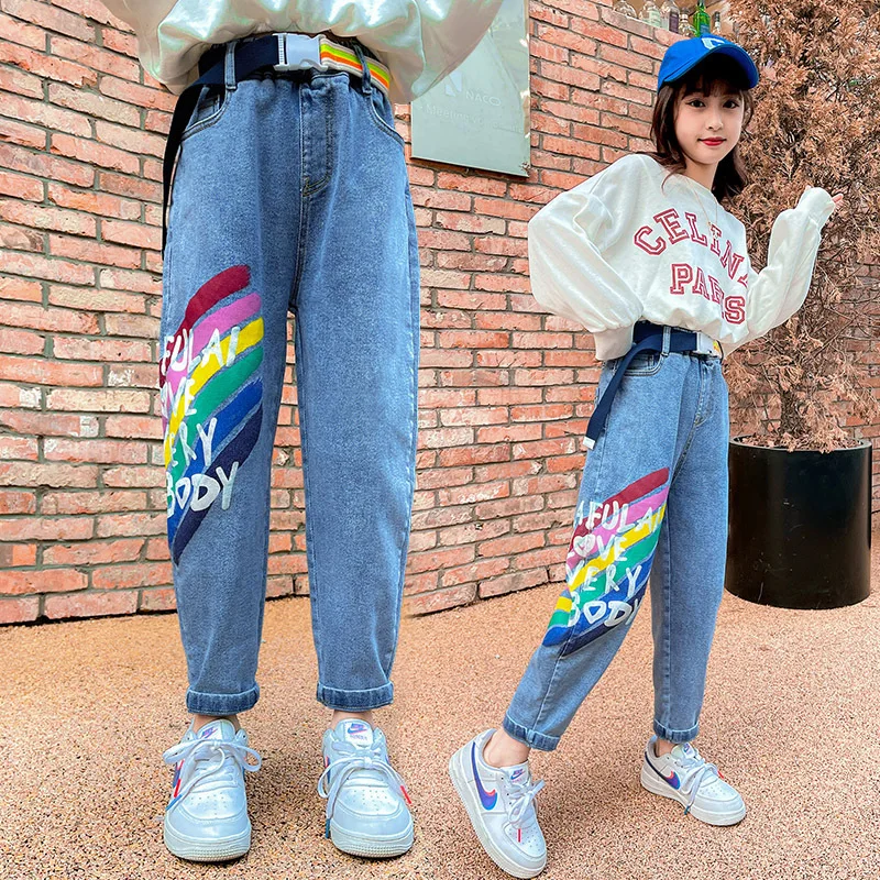 

2022 New Girls Jeans Fashion Casual Children Trousers Kids Spring Summer Blue Letter Print Embroidery Slacks Teenage Denim Pants