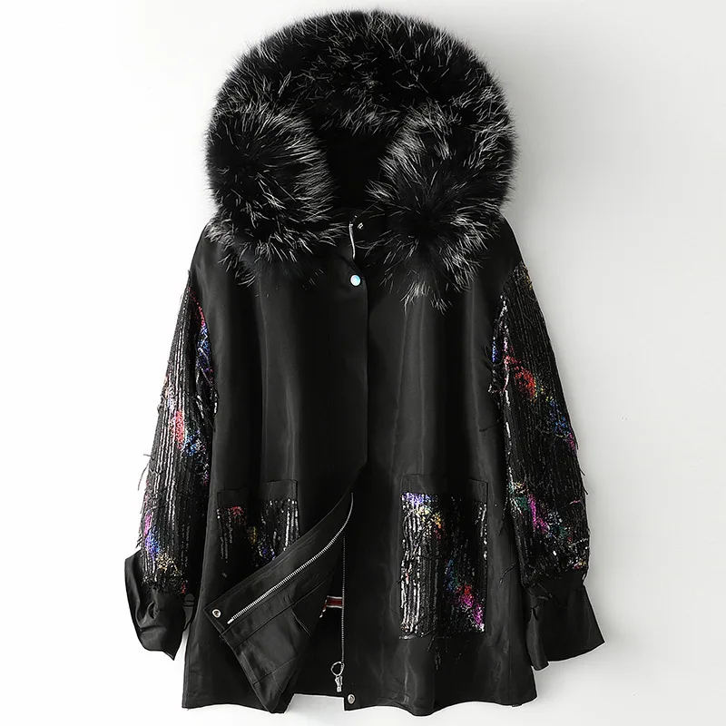 

Женская зимняя парка с капюшоном и воротником из енота