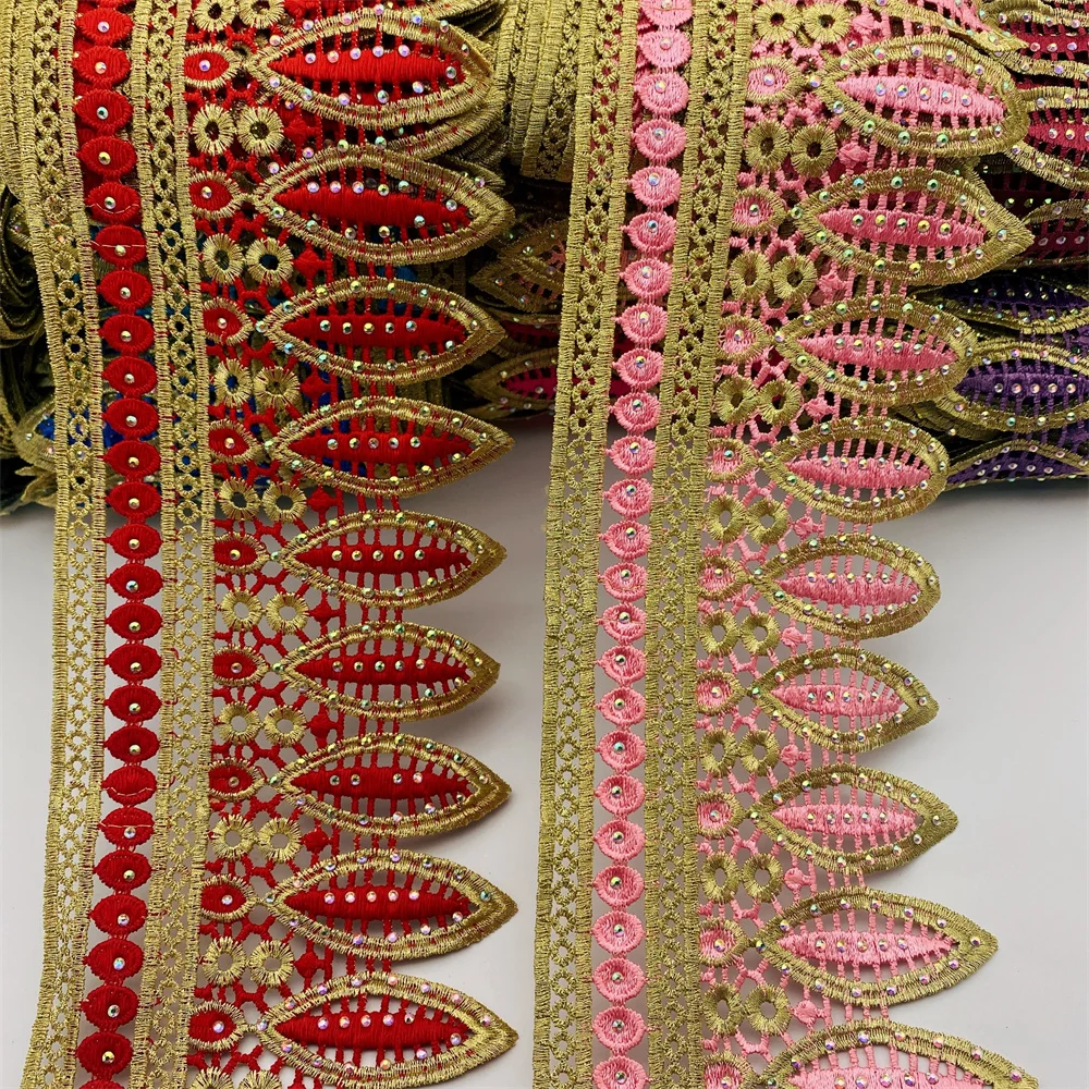 Ribete de encaje africano con diamantes de imitación, 9, 5 yardas, 16 colores, motivo bordado metálico, nigeriano, Venice, 12CM de ancho