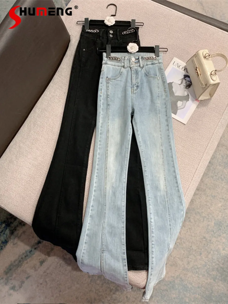

Autumn Winter New Retro Hong Kong Style Chain Decoration High Waisted Jeans for Women's Stretch Slimming Slit Flared Denim Pants