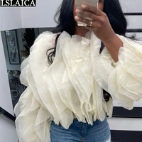 new fashion women blouses special ladies crop tops long sleeve cascade fluffy fold sexy blouse solid autumn streetwear hot sale
