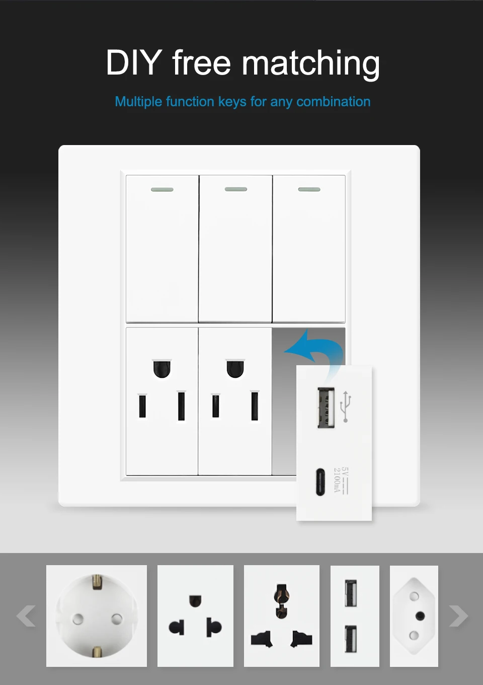 VISWE Стандартная Бразильская Электрическая Розетка С Переключателем 3 Кнопки 1/2