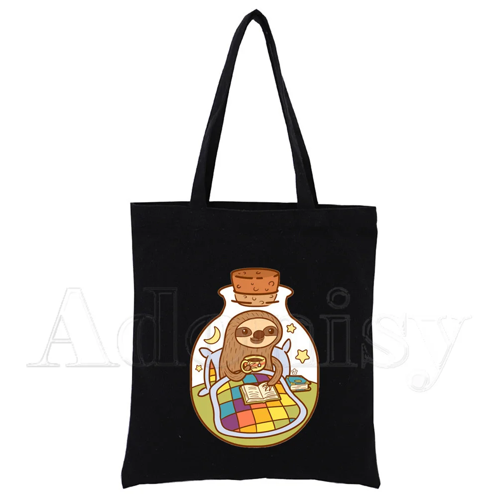 

Sloth Black Women Handbags Canvas Tote Shopping Bags Reusable Shopping Bag Eco Foldable
