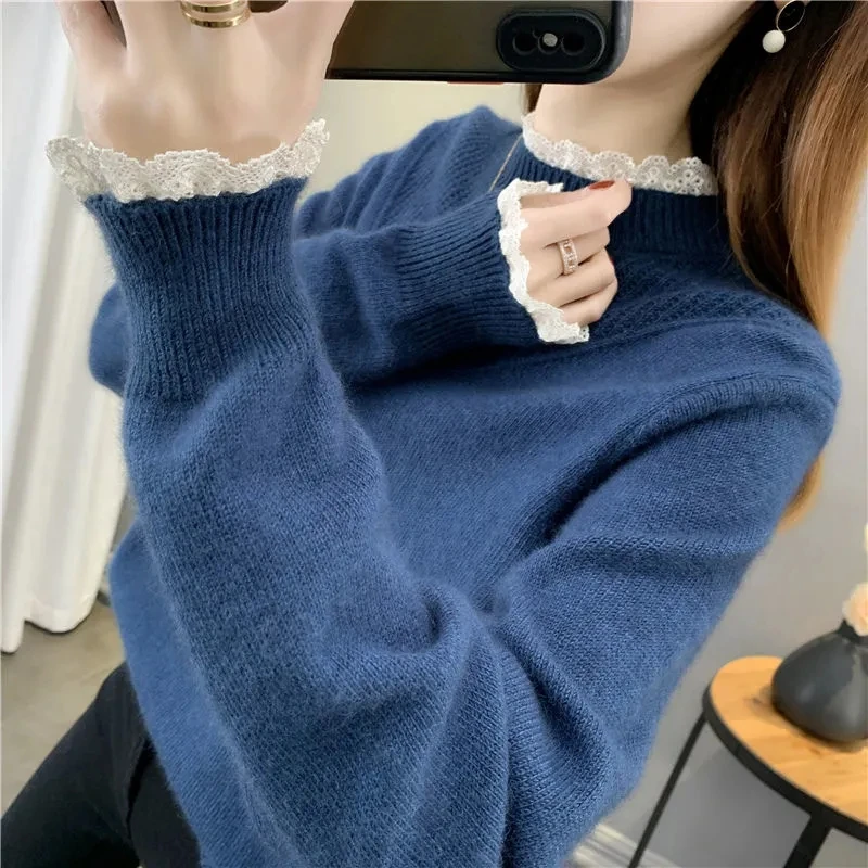 Свитер с кружевным воротником женская рубашка на весну и осень топ новинка 2024