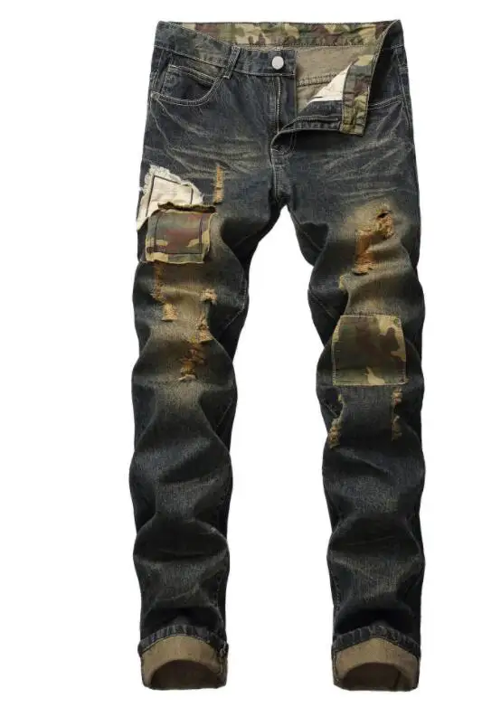 Men Jeans Holes Ripped Stretch Denim Pants Men's Fashion Jeans Patch Camo Hip Hop Jeans