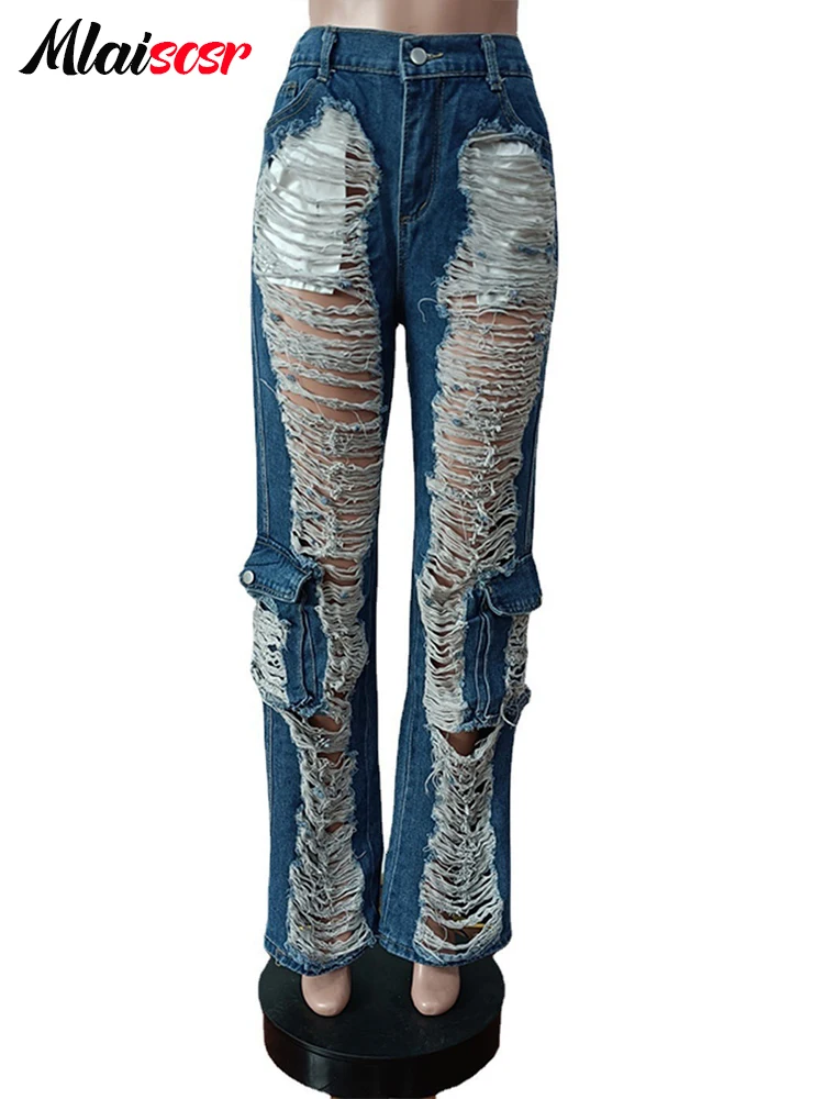 Mlaiscsr темно-синие мешковатые прямые джинсы с рваными дырками женские свободные